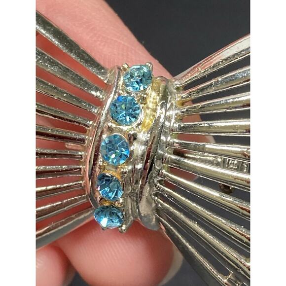 Vintage Mid-Century Wheat Sheaf Silver Tone Blue Rhinestone Brooch Pin - Picture 7 of 13